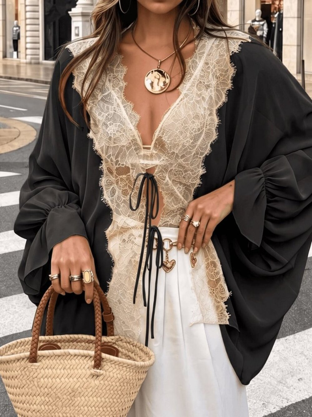 Black Elegant Women's Asymmetric Semi-Sheer Lace Patchwork Casual Blouse